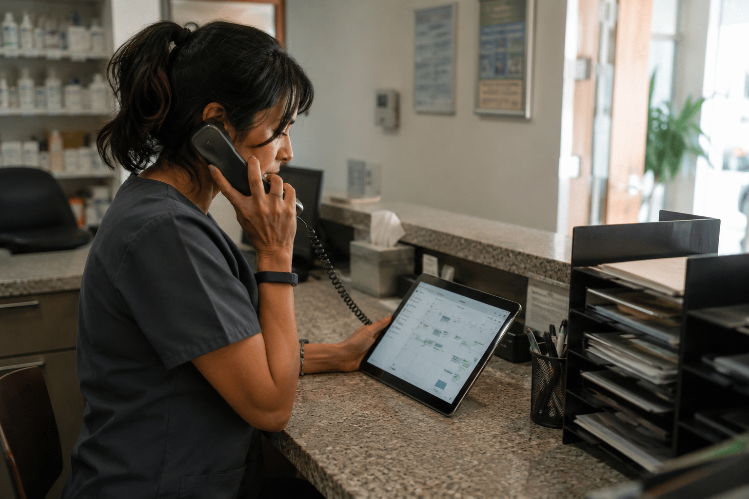 Réceptionniste de clinique au téléphone consultant un calendrier de réservation sur tablette.