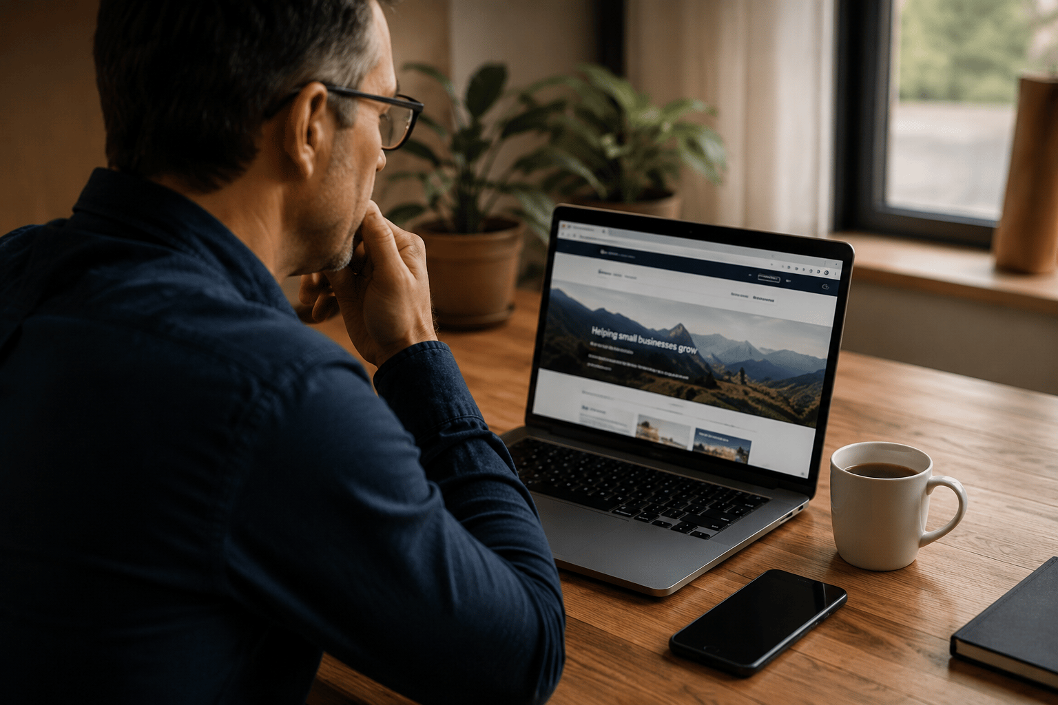 Chef d'entreprise consultant pensivement son site professionnel sur ordinateur portable.